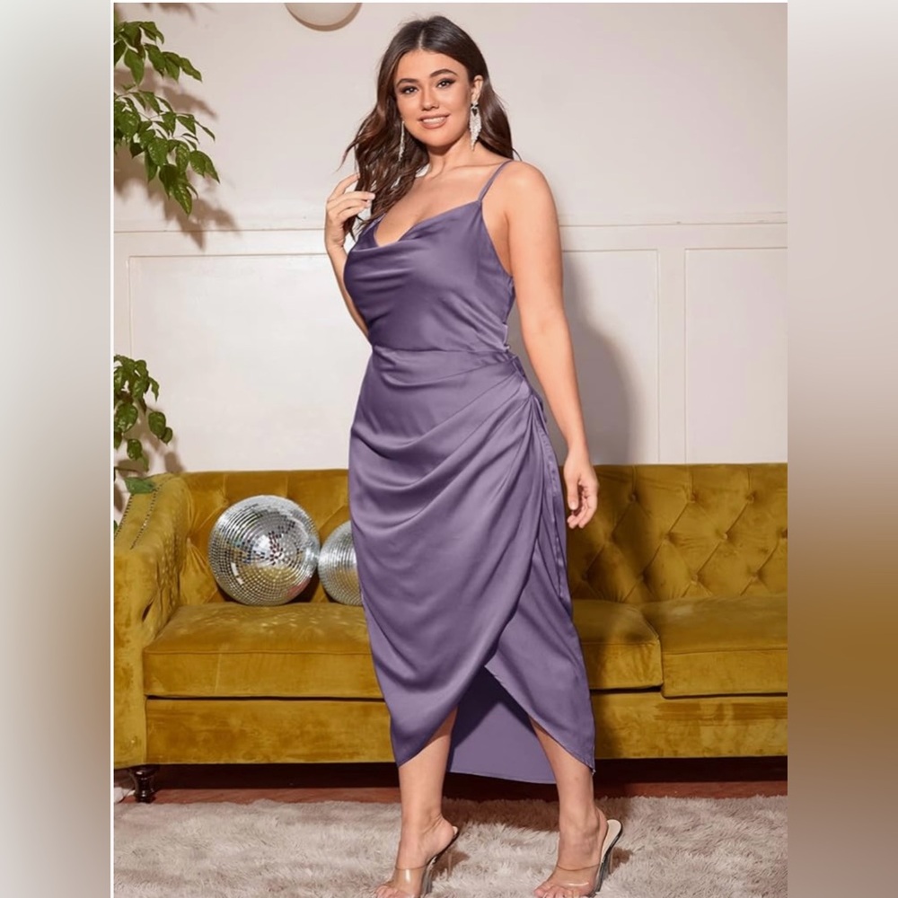 NWT, XXL Floerns Women's Plus Size Satin Spaghetti Strap Cowl Neck Wrap Dress.